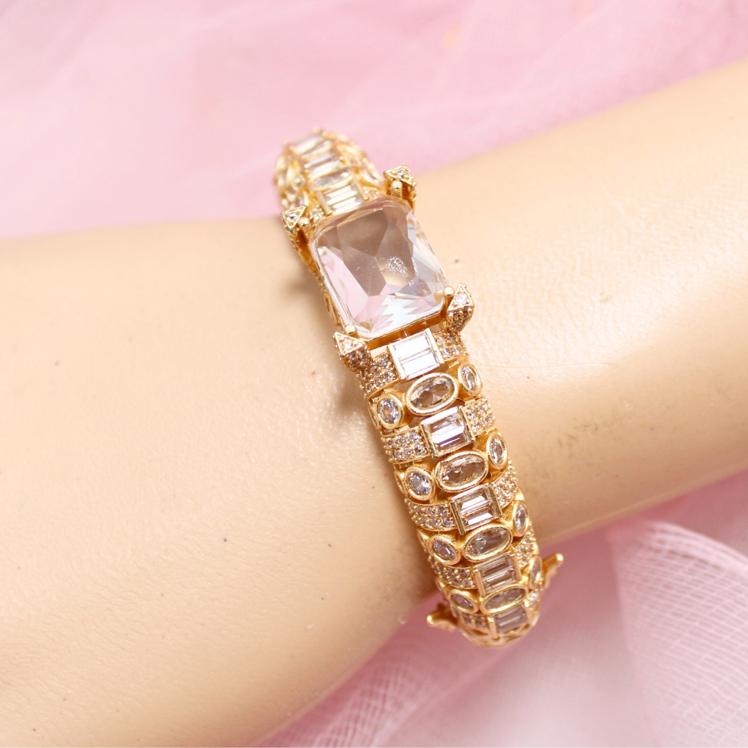 White Stone Openable Bracelet – Diamond Look Kada in Gold Finish