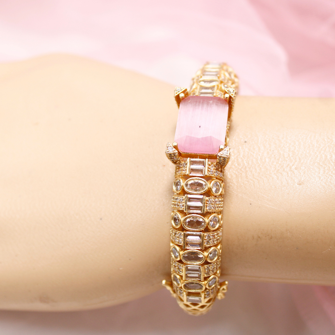 Pink Stone Openable Bracelet โ Elegant Gold Finish Kada