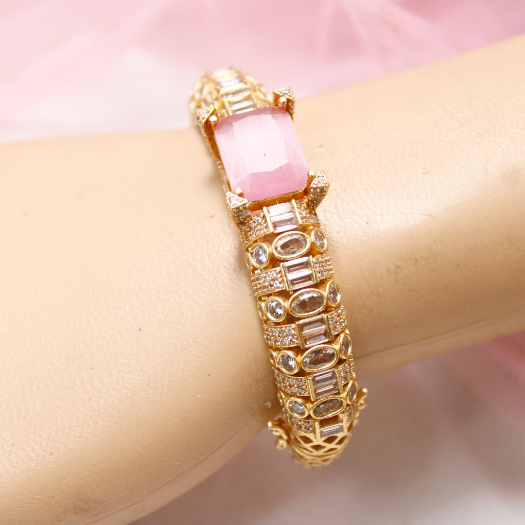 Pink Stone Openable Bracelet โ Elegant Gold Finish Kada