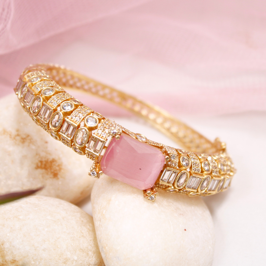 Pink Stone Openable Bracelet โ Elegant Gold Finish Kada