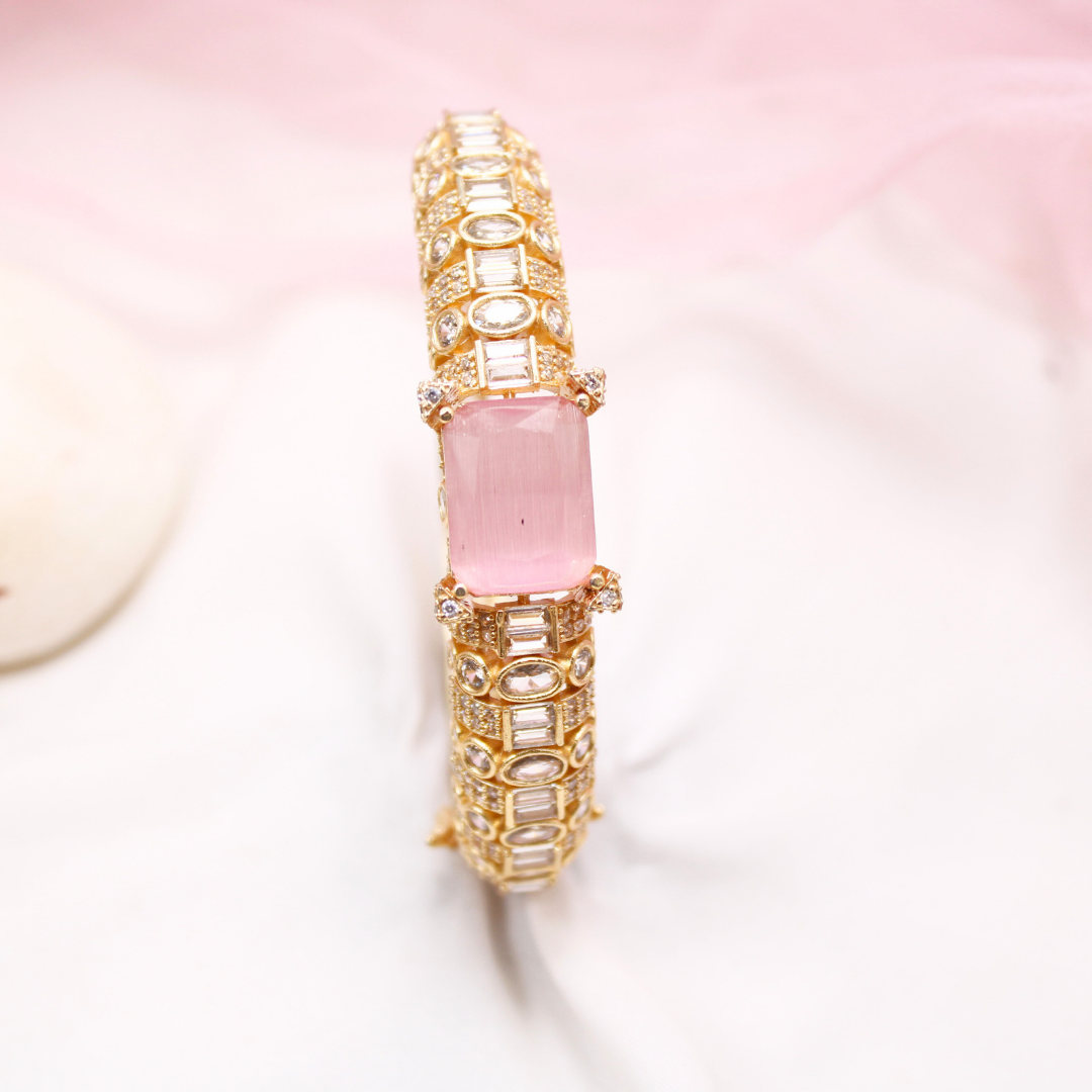 Pink Stone Openable Bracelet โ Elegant Gold Finish Kada