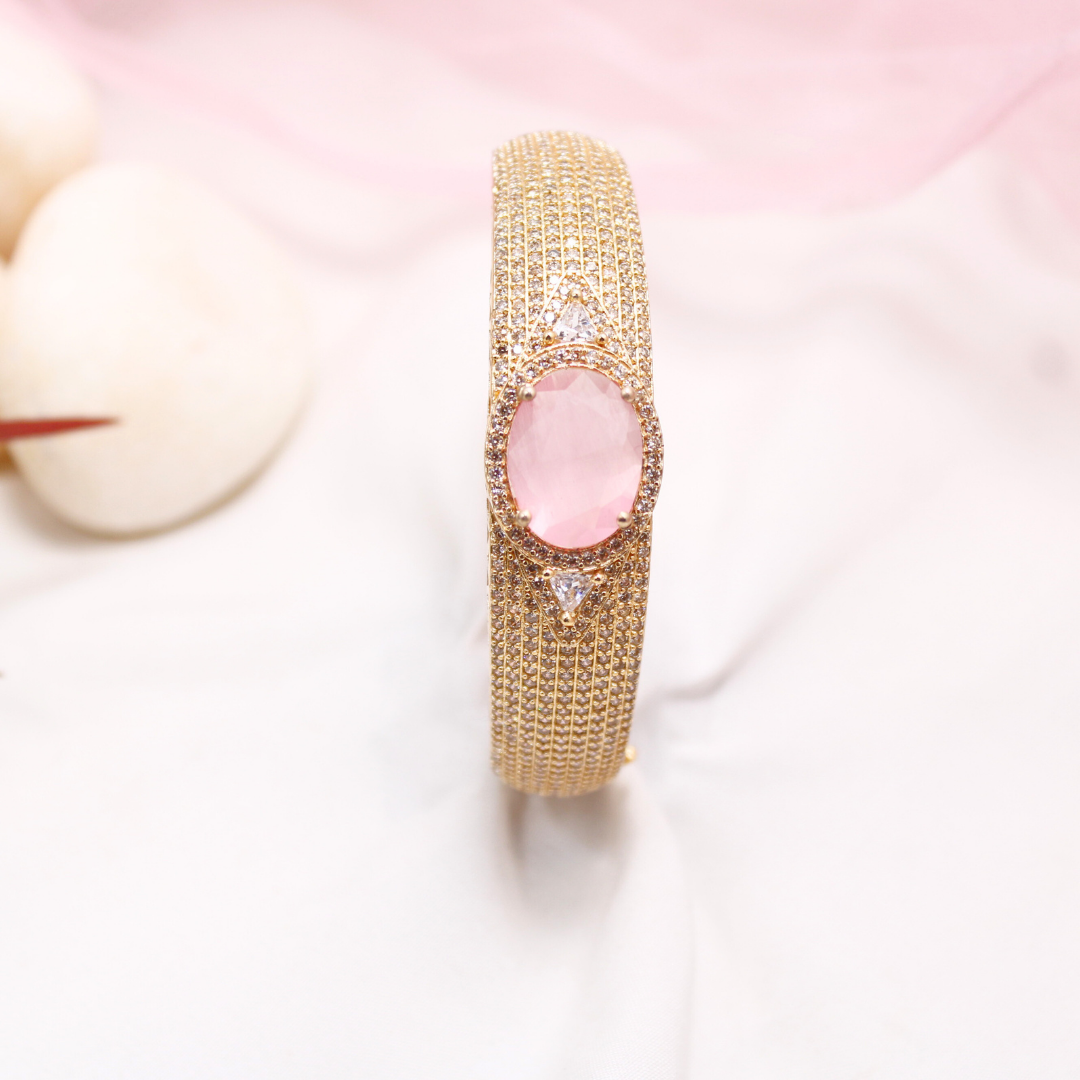 Oval Pink Stone Openable Bracelet β Elegant Gold Kada