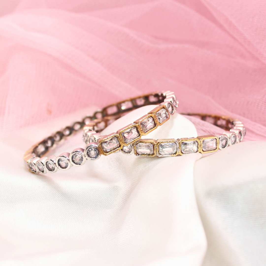 DUAL-TONE ROUND & SQUARE STONE BANGLES-transparent