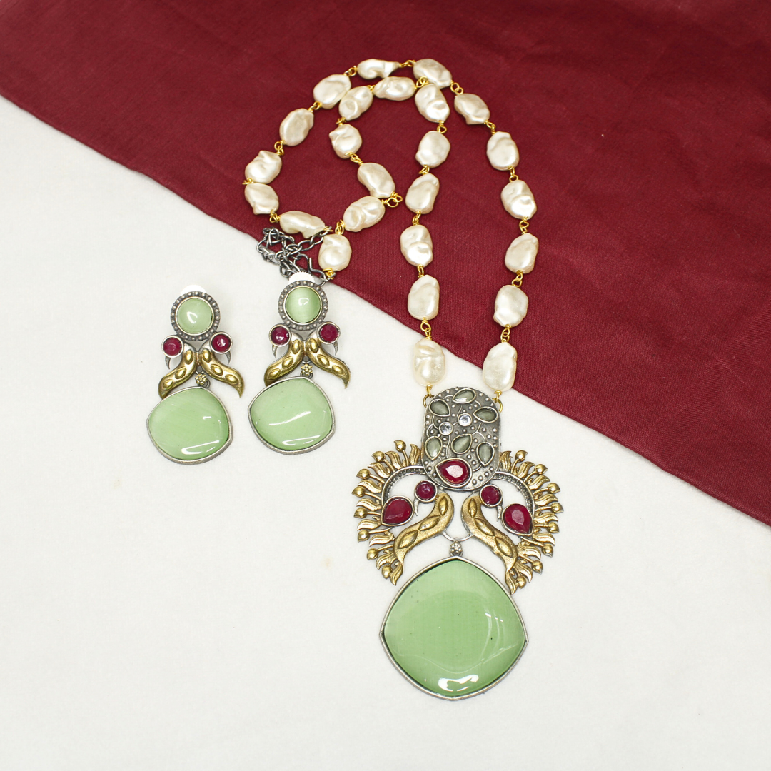ANTIQUE GREEN STONE PEARL NECKLACE SET - ETHNIC JEWELRY