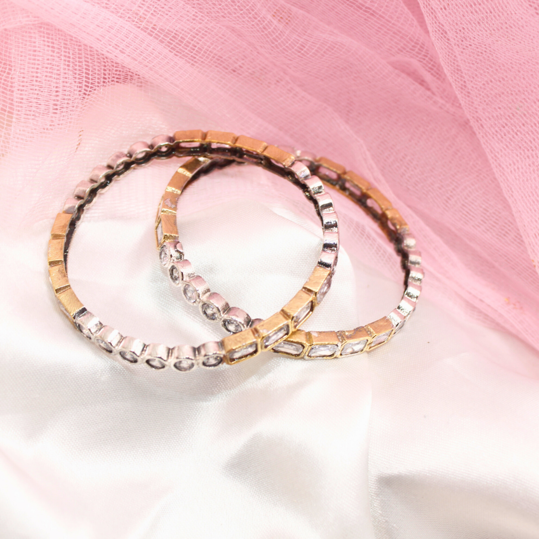 DUAL-TONE ROUND & SQUARE STONE BANGLES-transparent