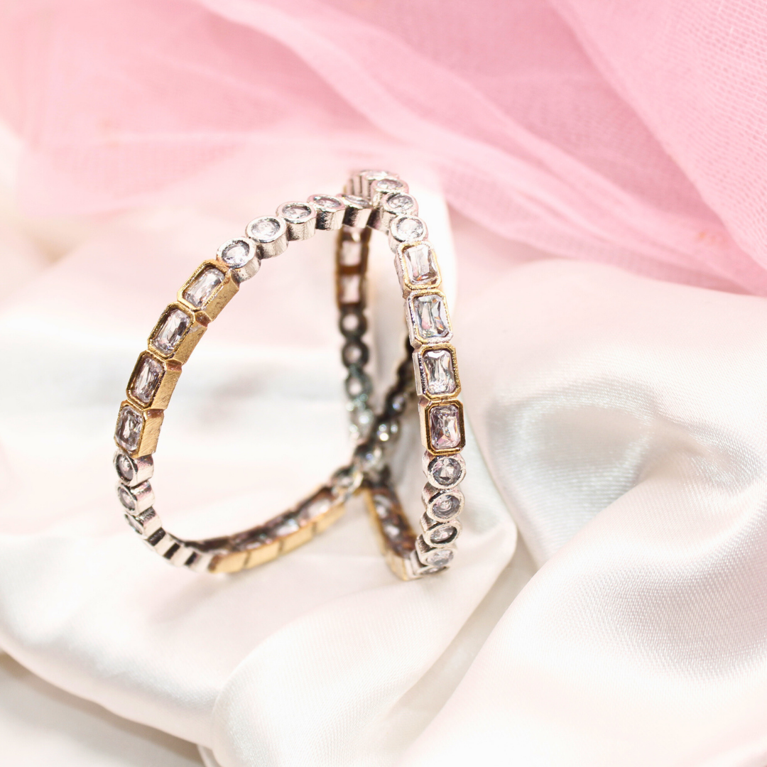 DUAL-TONE ROUND & SQUARE STONE BANGLES-transparent