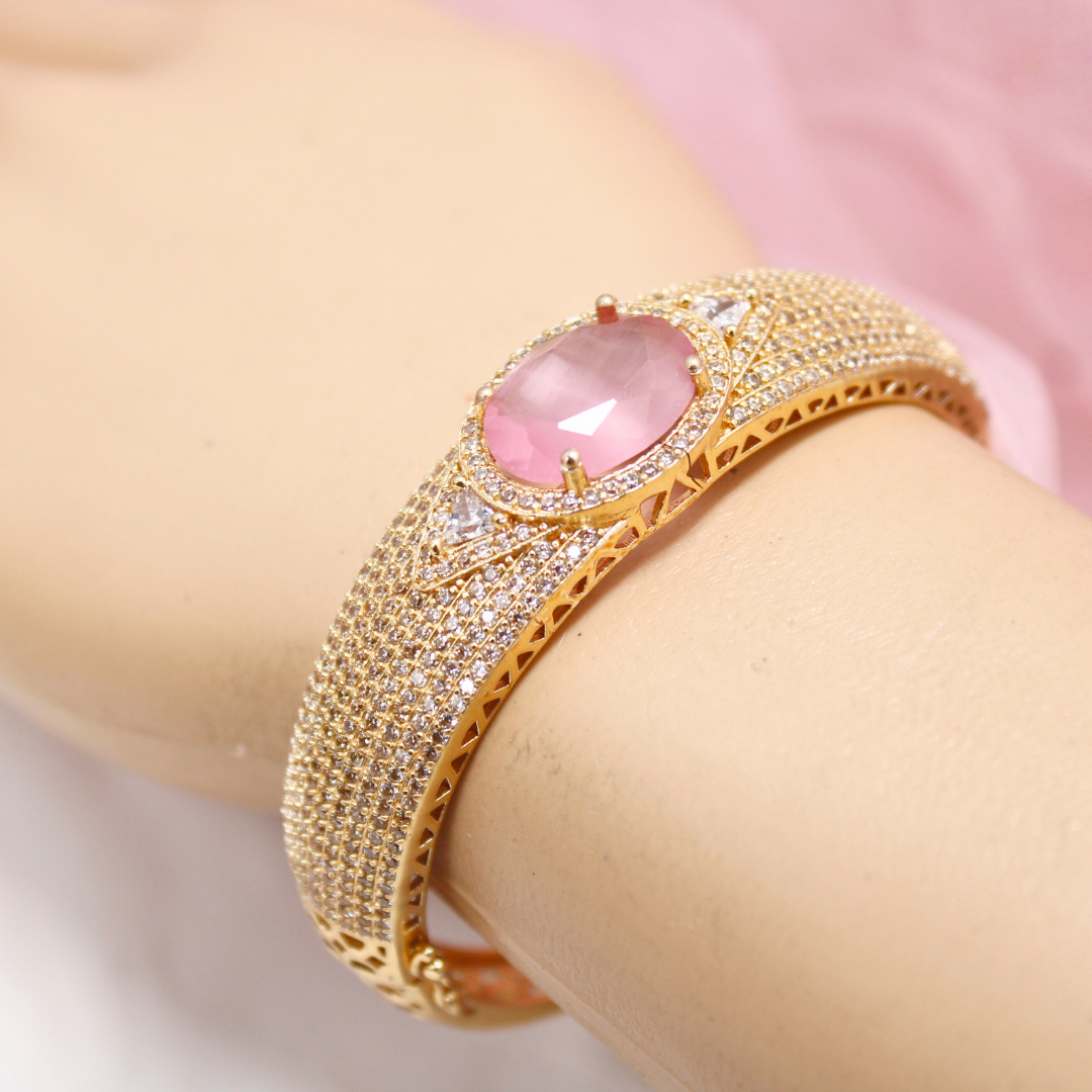 Oval Pink Stone Openable Bracelet β Elegant Gold Kada
