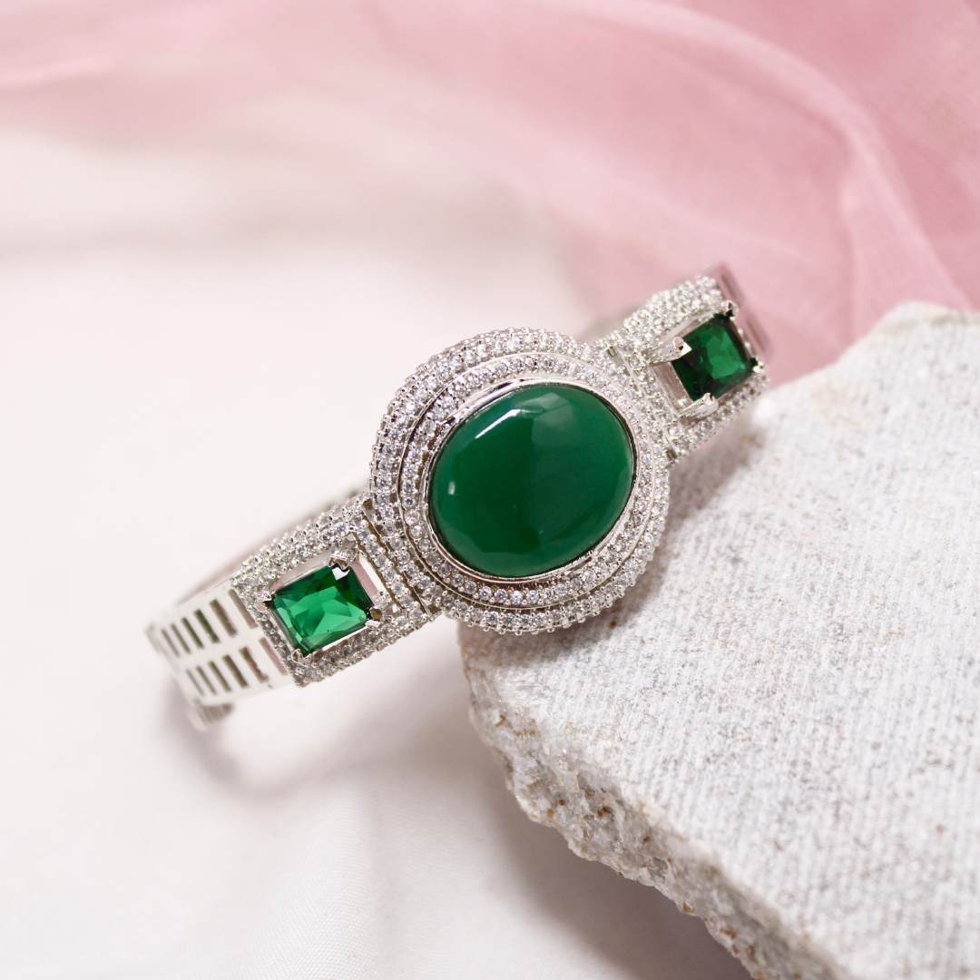 Green Stone Openable Kada β Silver Finish Luxury Bracelet