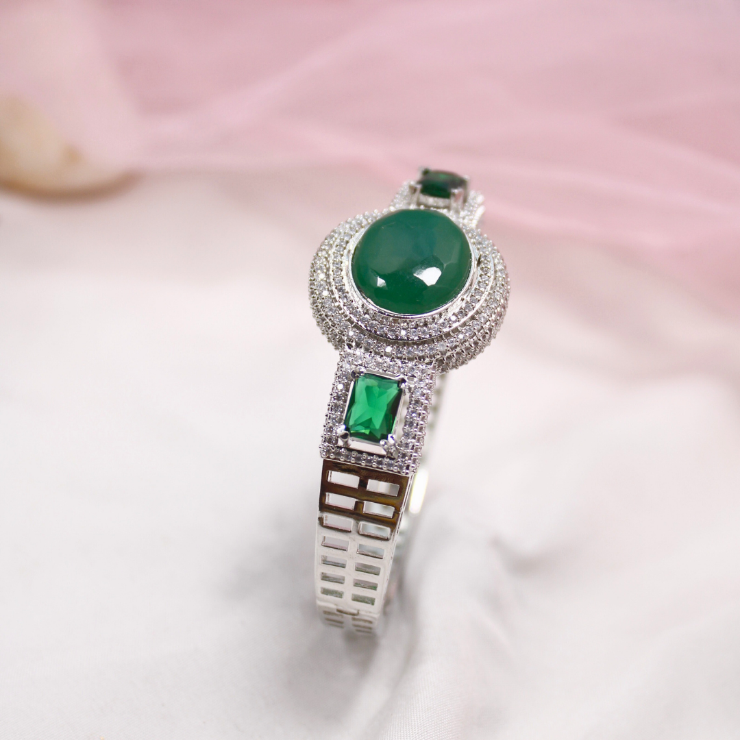 Green Stone Openable Kada β Silver Finish Luxury Bracelet