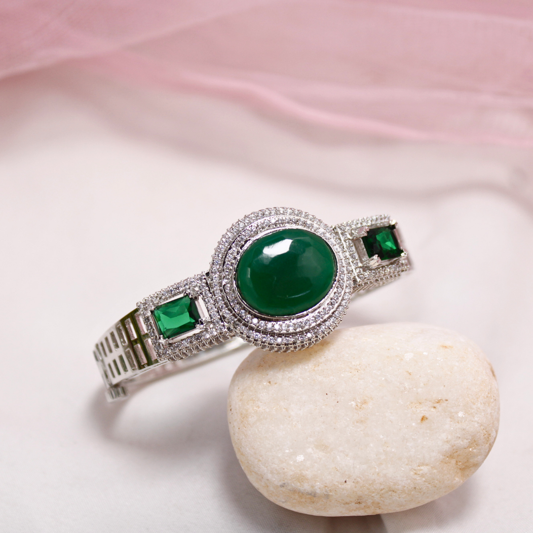 Green Stone Openable Kada β Silver Finish Luxury Bracelet