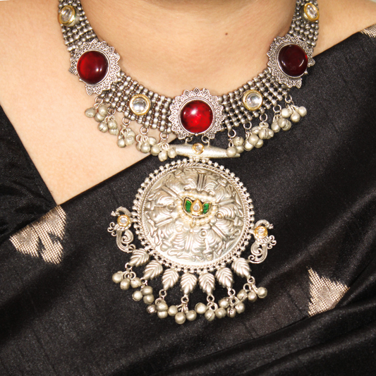 RED Oxidised Silver Hasli Necklace Set with Earrings – Tribal Statement Jewellery