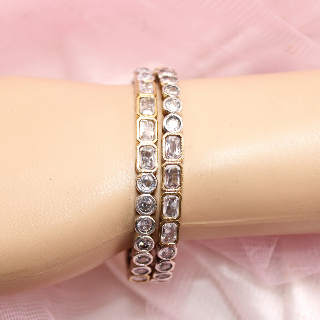 DUAL-TONE ROUND & SQUARE STONE BANGLES-transparent
