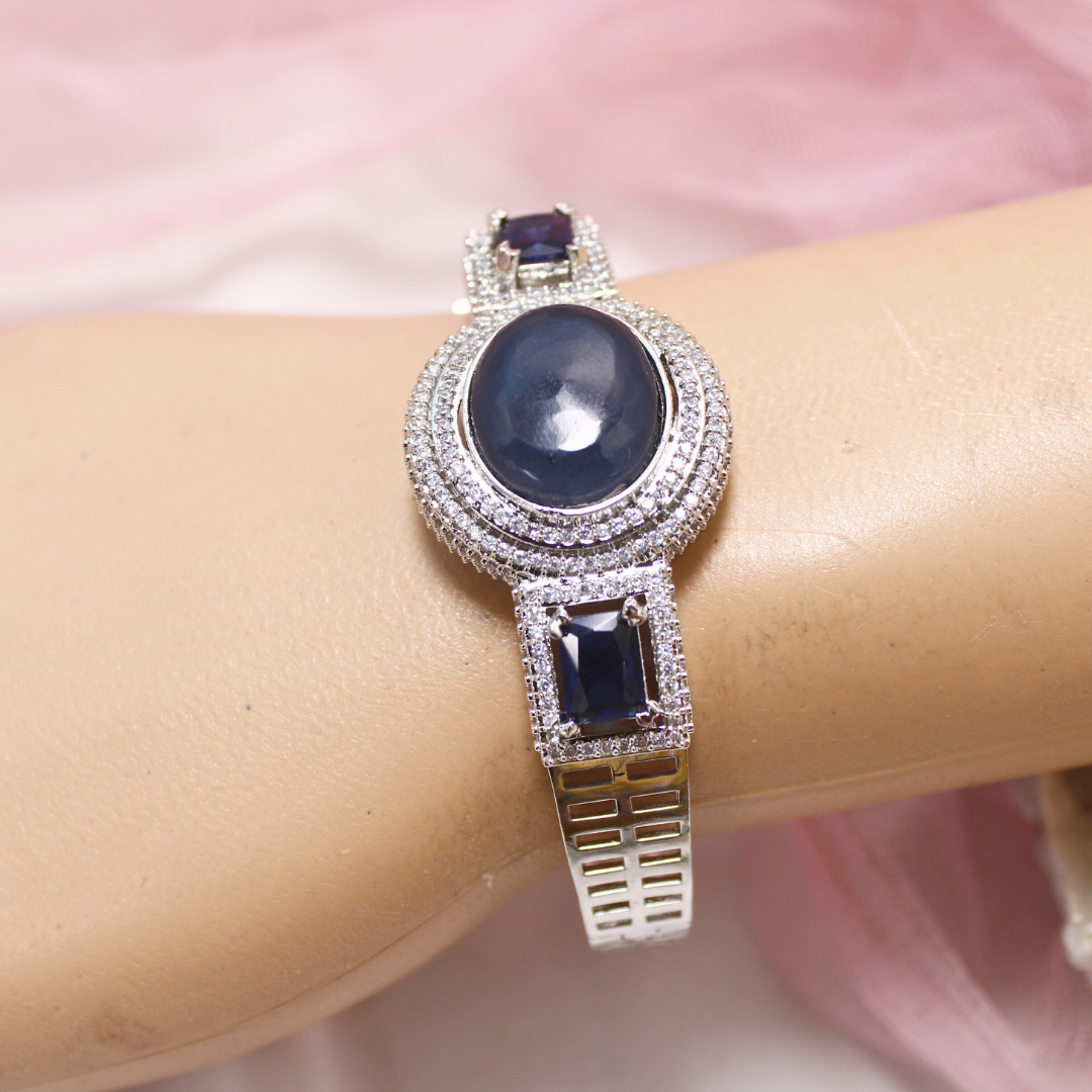 Blue Stone Openable Kada β Silver Finish Designer Bracelet