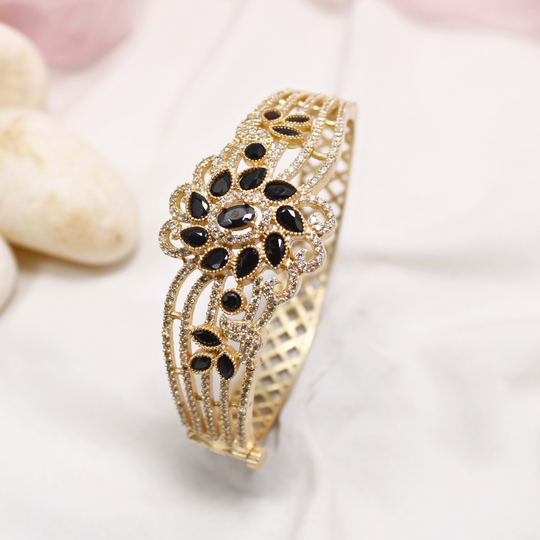 Black Stone Floral AD Openable Kada – Gold Finish Designer Bracelet