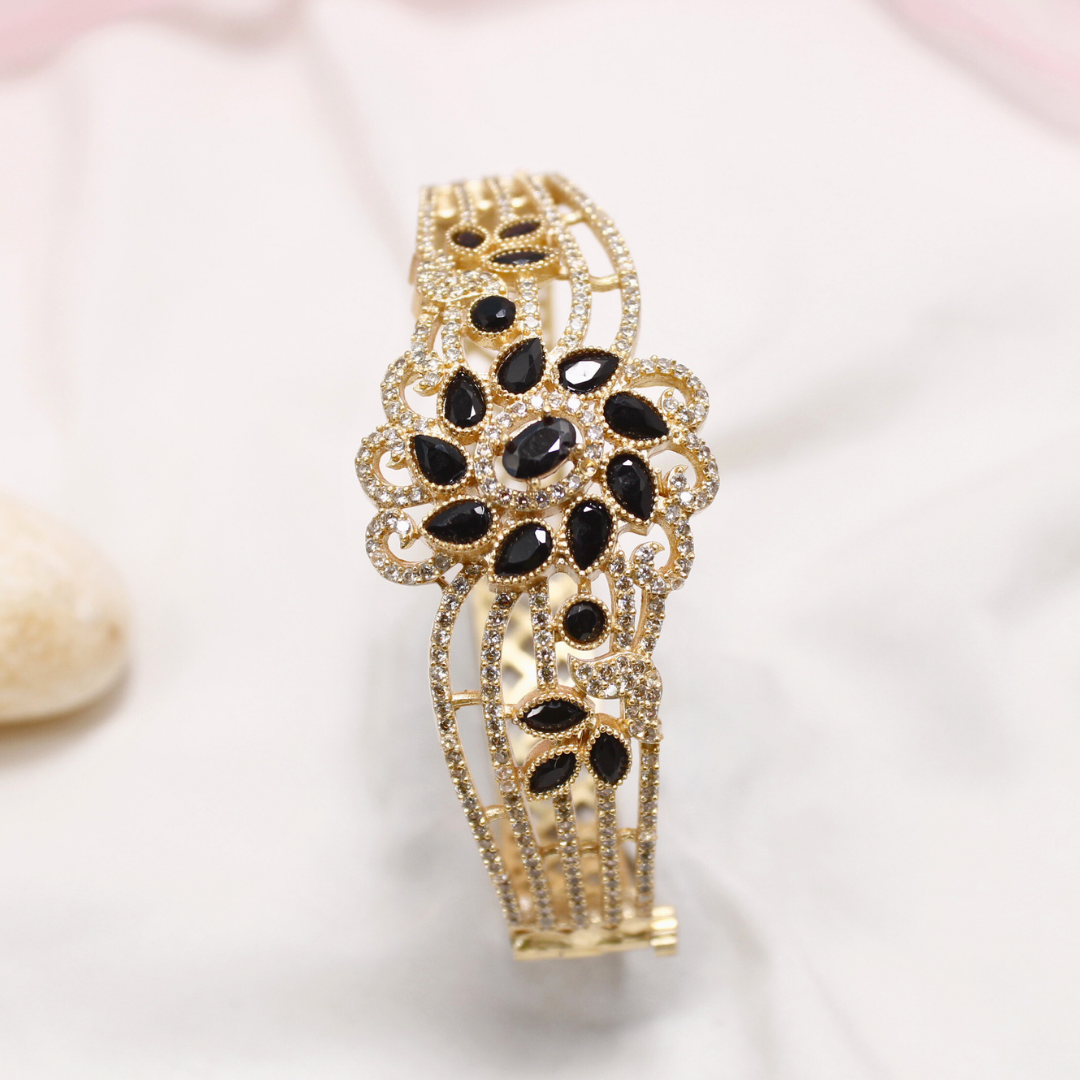 Black Stone Floral AD Openable Kada – Gold Finish Designer Bracelet