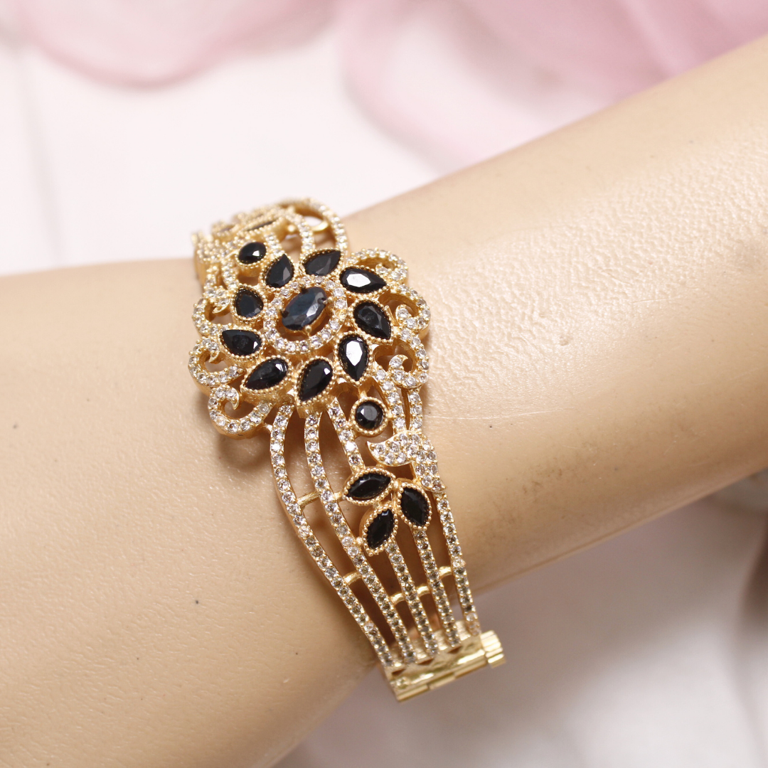 Black Stone Floral AD Openable Kada – Gold Finish Designer Bracelet