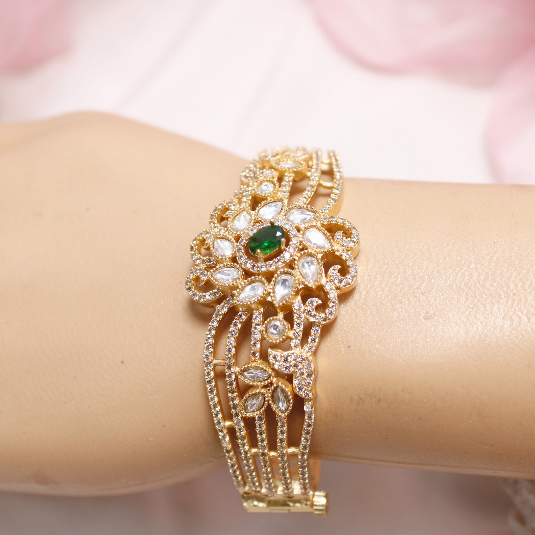 Green Stone Floral AD Openable Kada – Gold Finish Bracelet