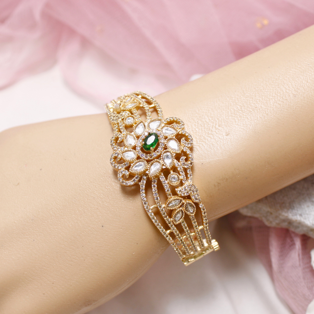 Green Stone Floral AD Openable Kada – Gold Finish Bracelet