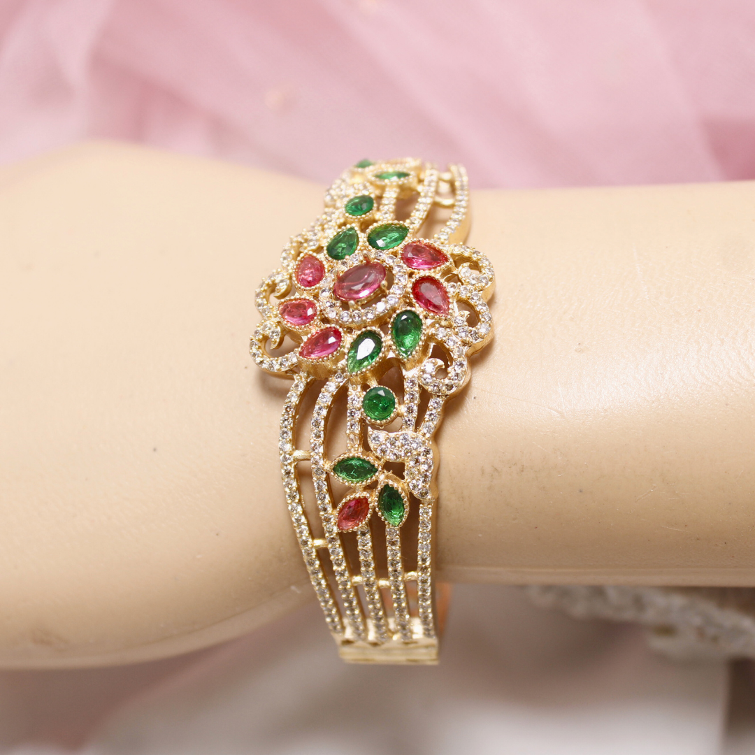 Red & Green Stone Floral AD Openable Kada – Gold Finish Bracelet