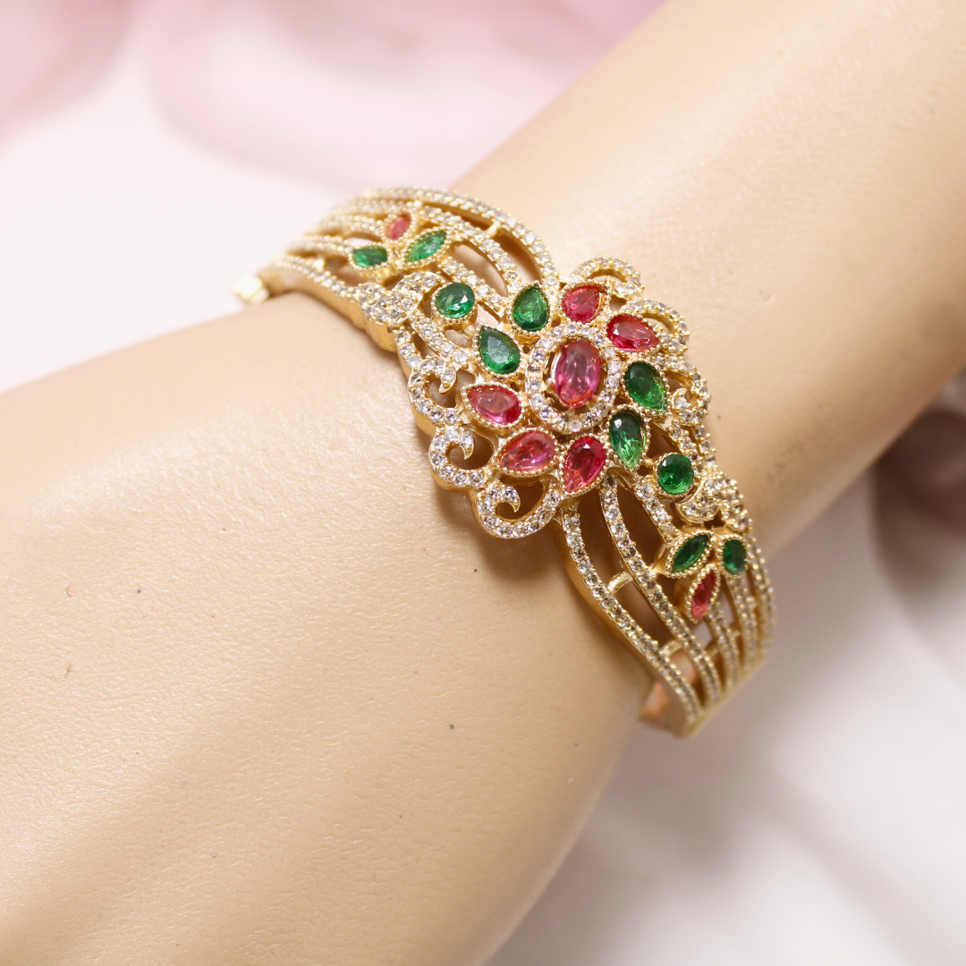 Red & Green Stone Floral AD Openable Kada – Gold Finish Bracelet
