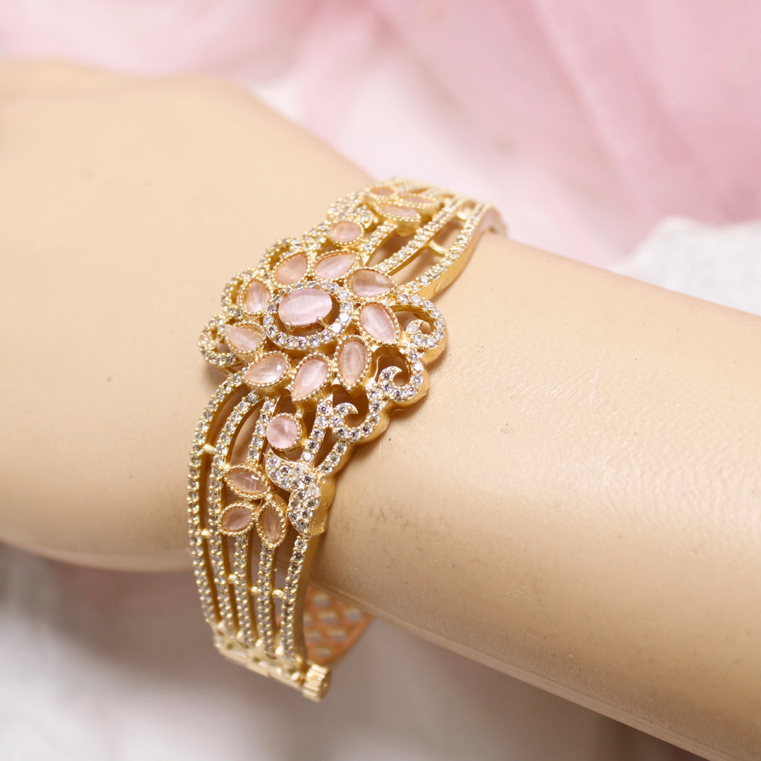Pink Stone Floral AD Openable Kada – Gold Finish Bracelet