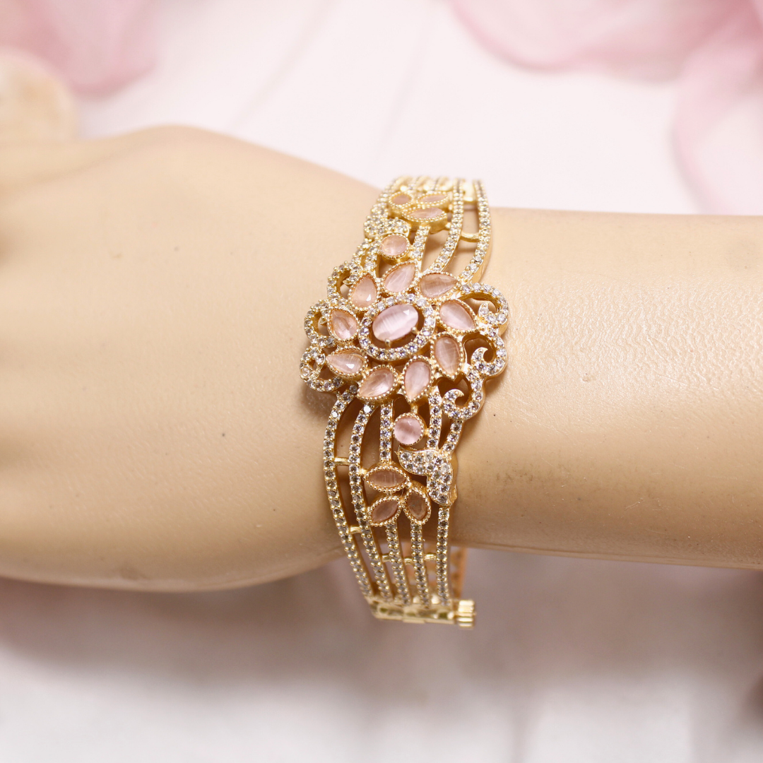 Pink Stone Floral AD Openable Kada – Gold Finish Bracelet