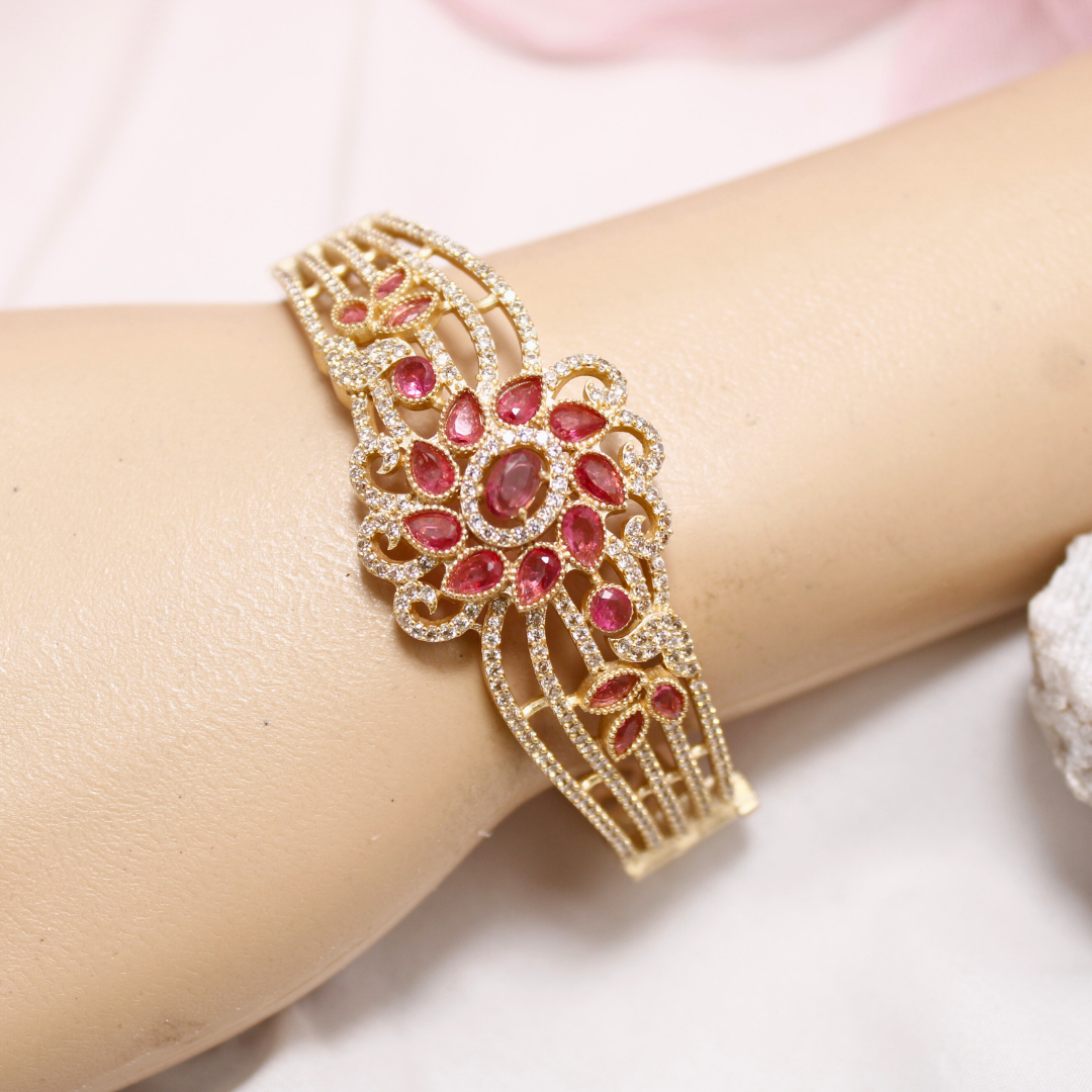 Red Stone Floral AD Openable Kada – Gold Finish Designer Bracelet