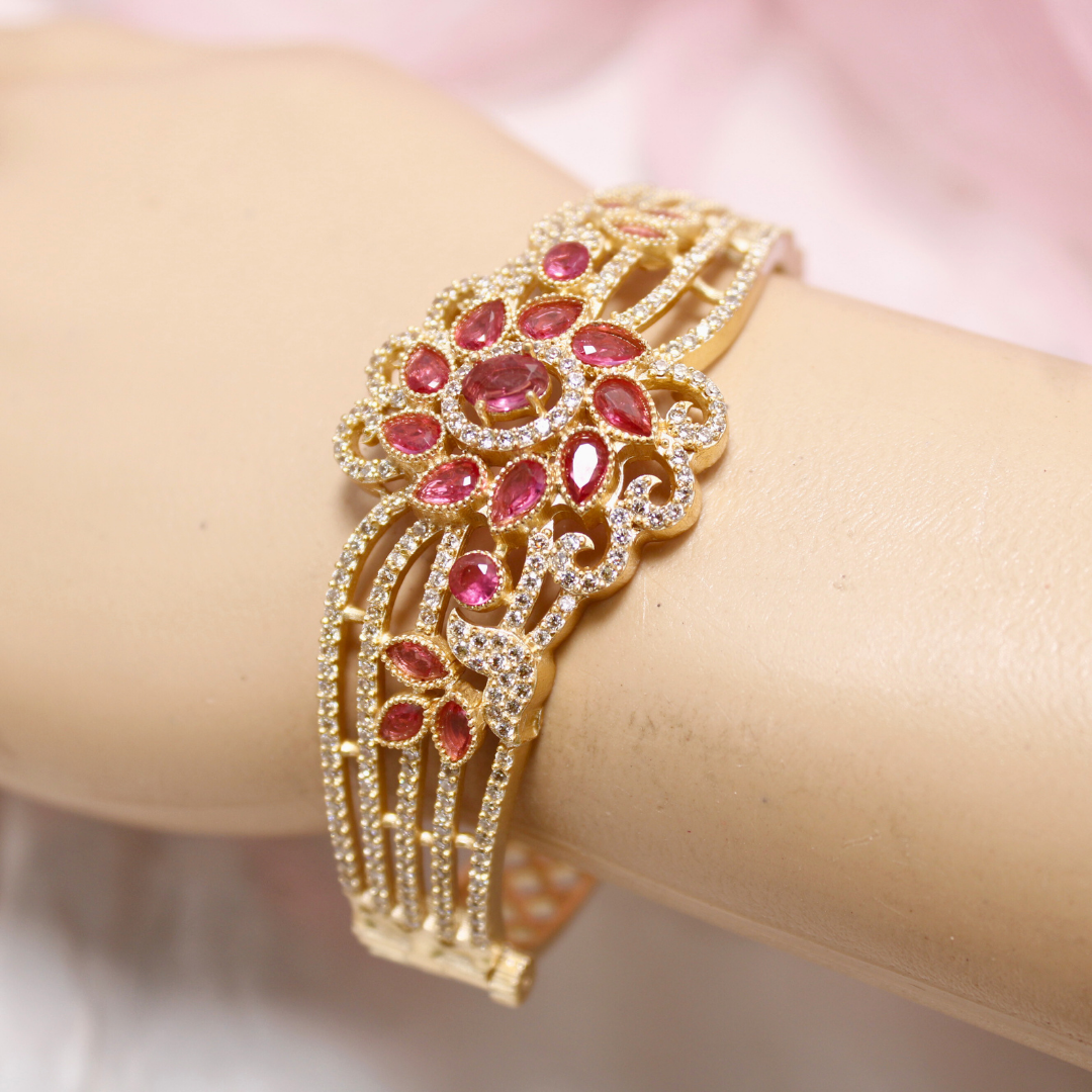 Red Stone Floral AD Openable Kada – Gold Finish Designer Bracelet