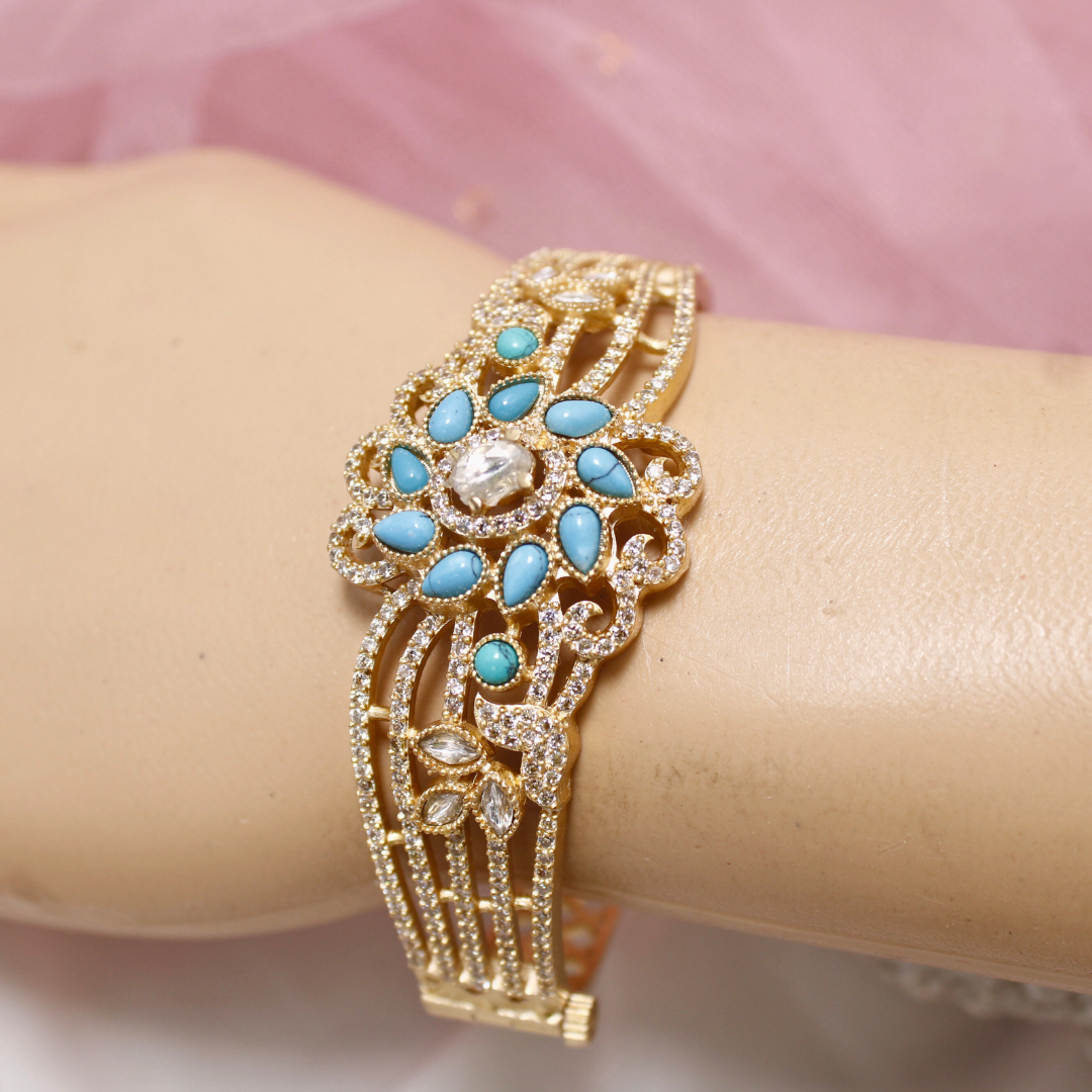 Turquoise Blue Stone Floral AD Openable Kada – Gold Finish Bracelet