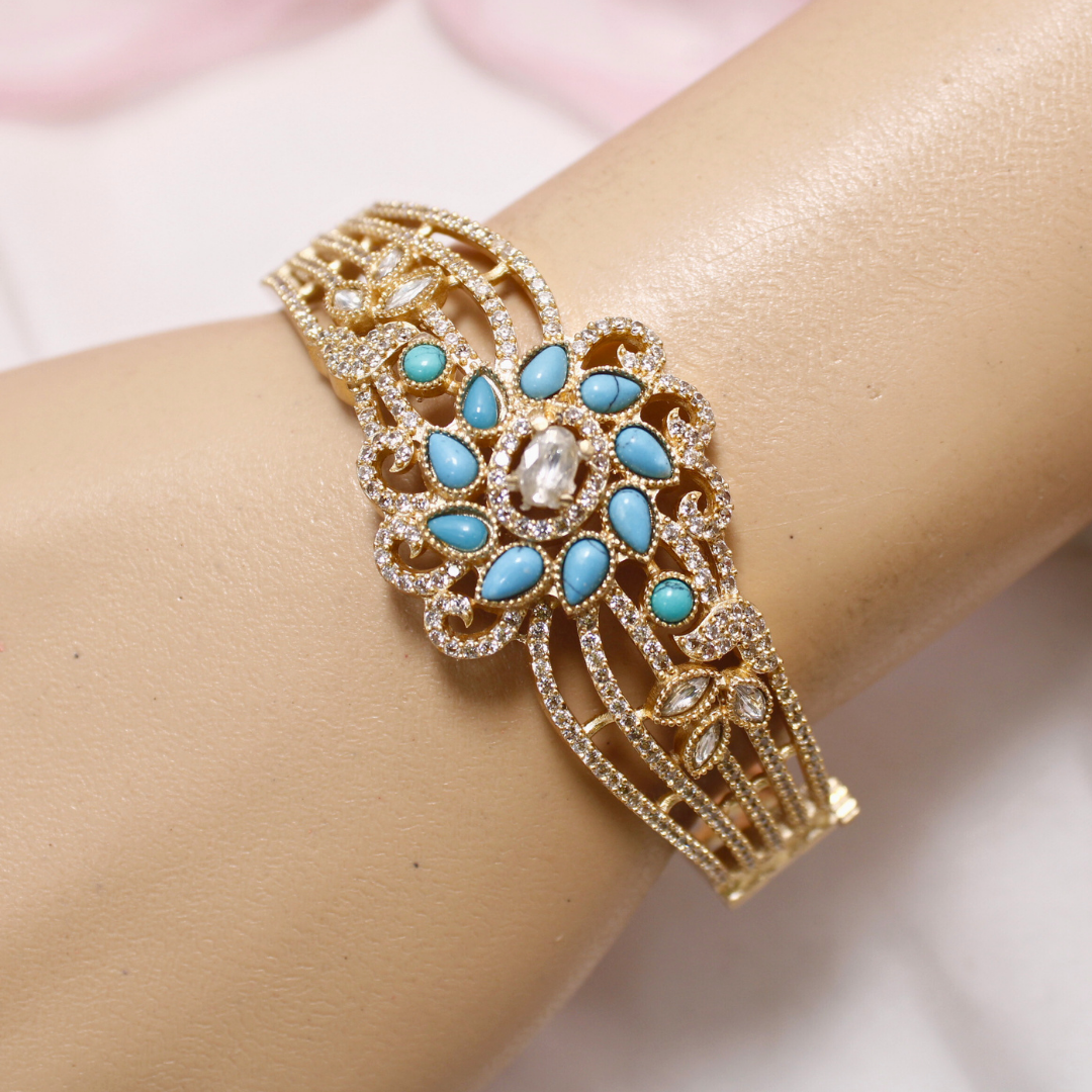 Turquoise Blue Stone Floral AD Openable Kada – Gold Finish Bracelet