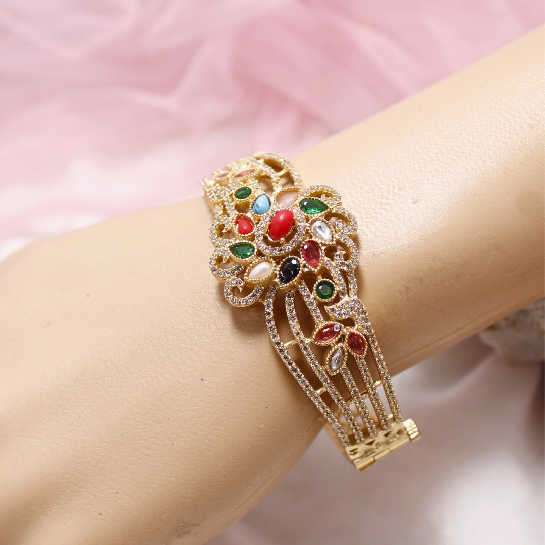 Multicolour Stone Openable AD Kada – Navratna Inspired Gold Bracelet