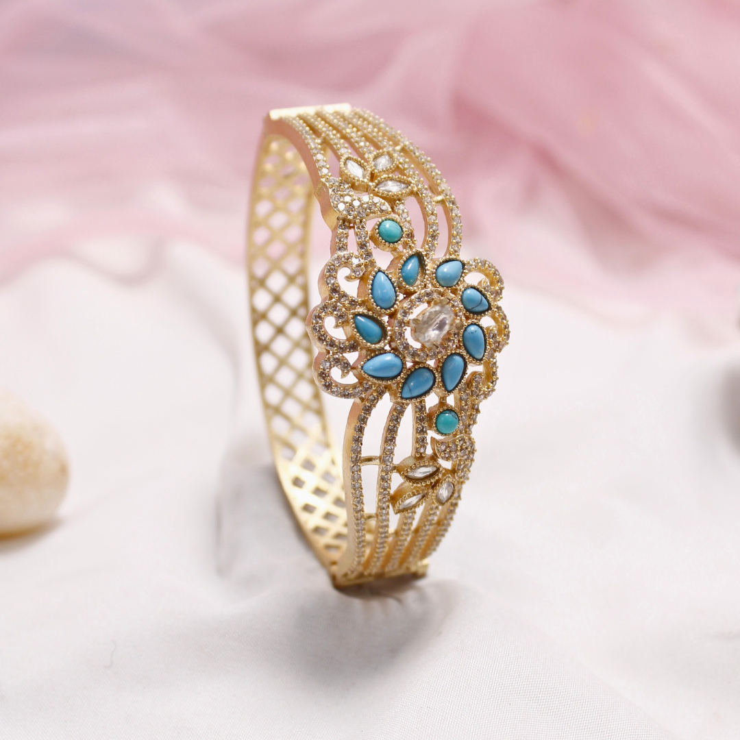 Turquoise Blue Stone Floral AD Openable Kada – Gold Finish Bracelet