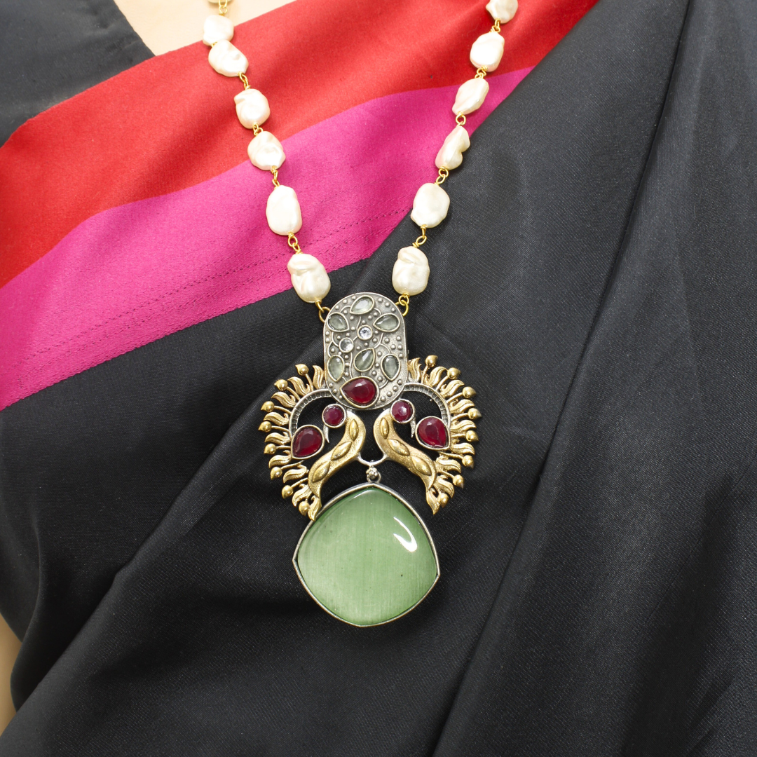ANTIQUE GREEN STONE PEARL NECKLACE SET - ETHNIC JEWELRY