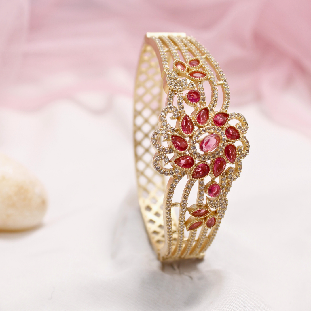 Red Stone Floral AD Openable Kada – Gold Finish Designer Bracelet