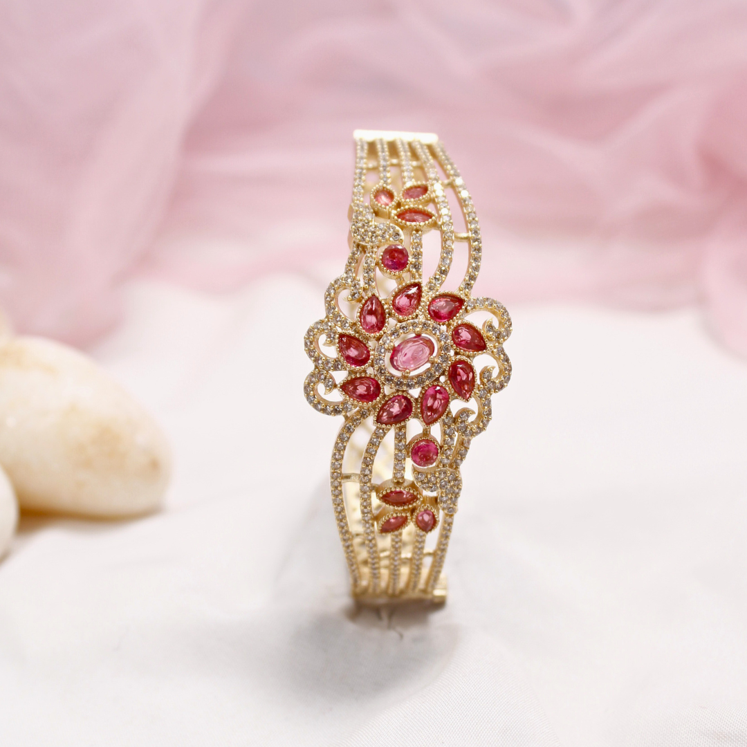 Red Stone Floral AD Openable Kada – Gold Finish Designer Bracelet