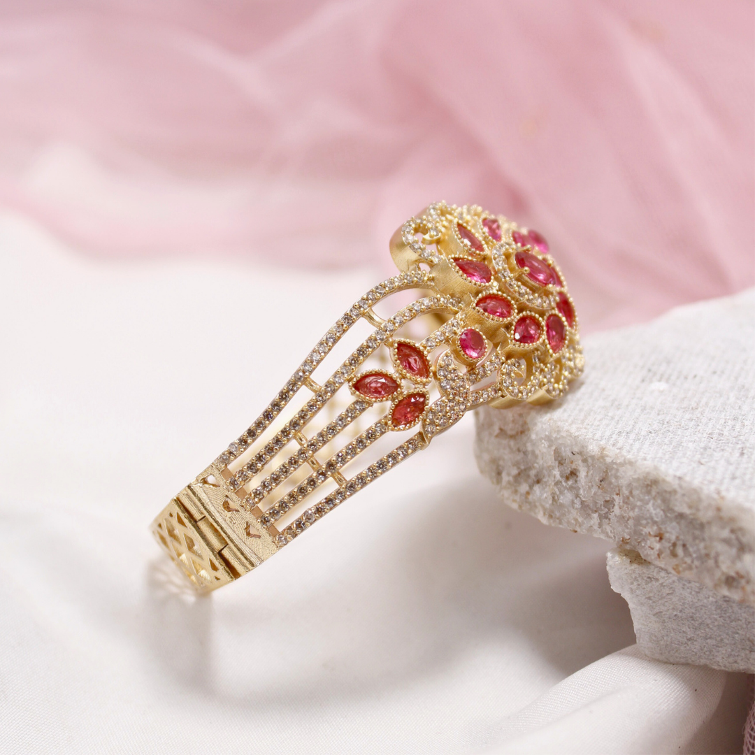 Red Stone Floral AD Openable Kada – Gold Finish Designer Bracelet