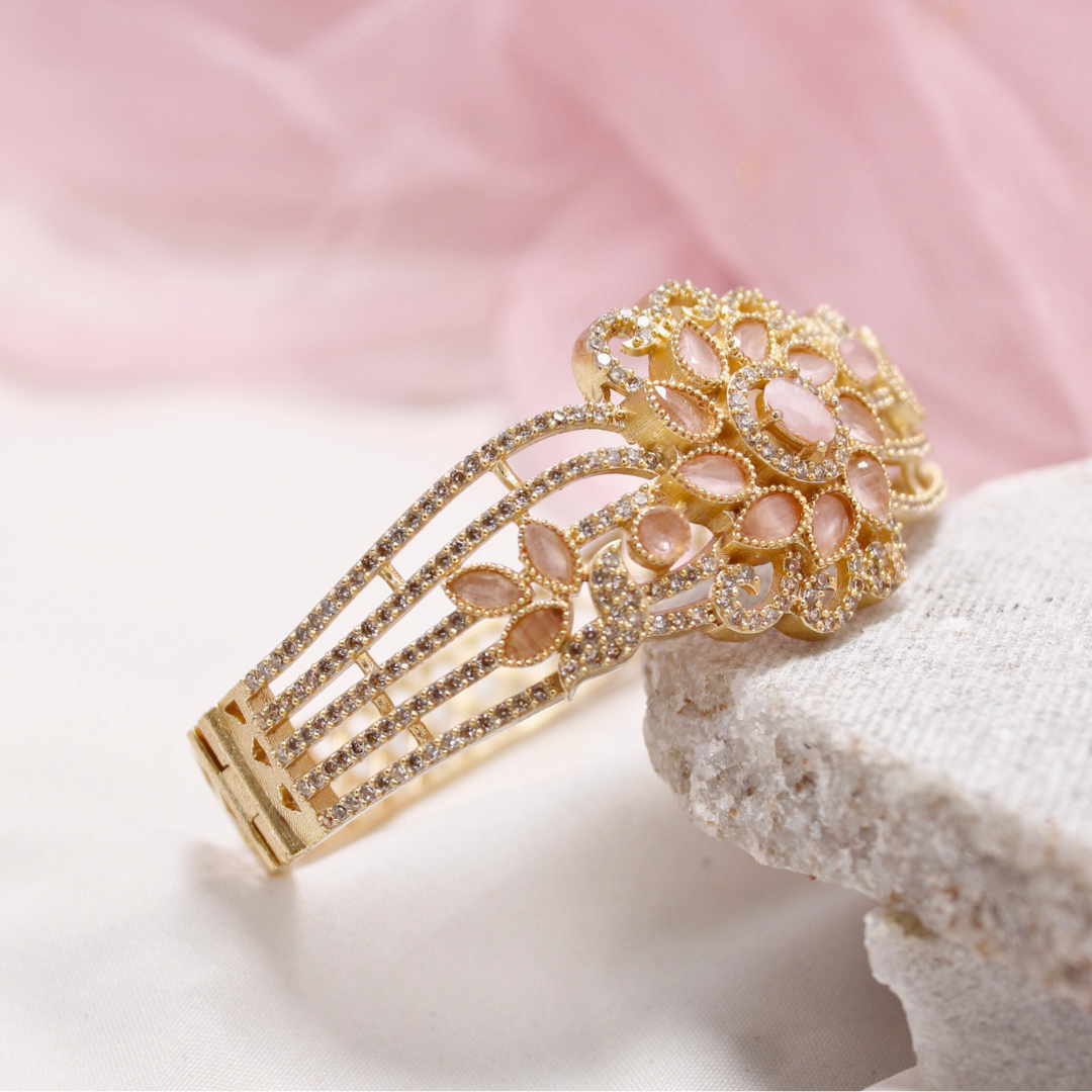 Pink Stone Floral AD Openable Kada – Gold Finish Bracelet