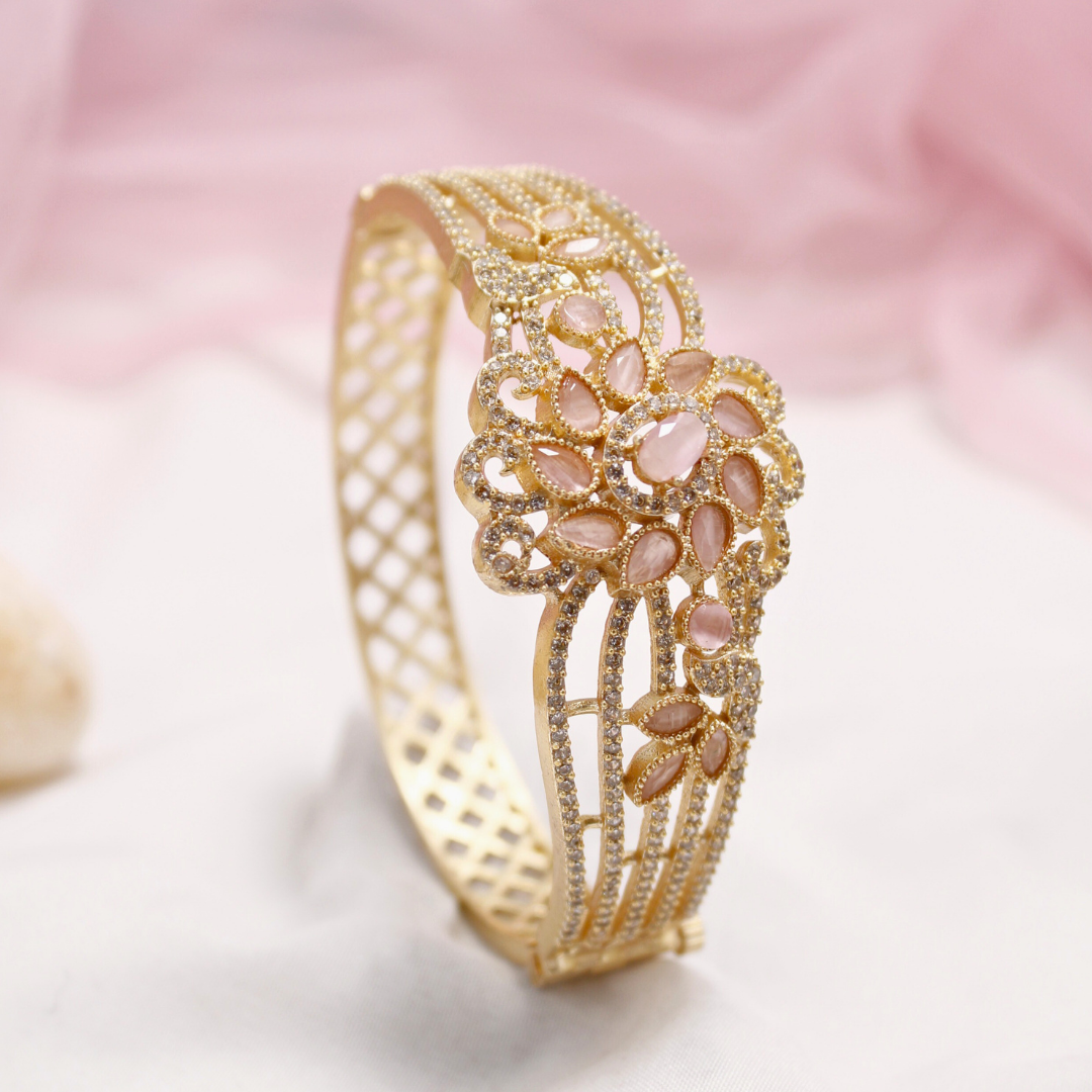 Pink Stone Floral AD Openable Kada – Gold Finish Bracelet