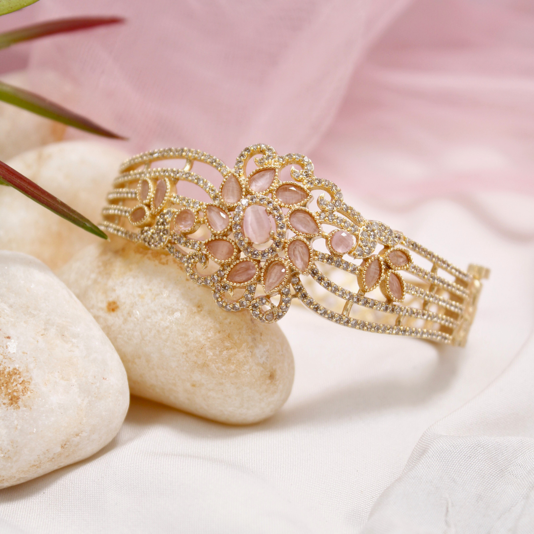 Pink Stone Floral AD Openable Kada – Gold Finish Bracelet