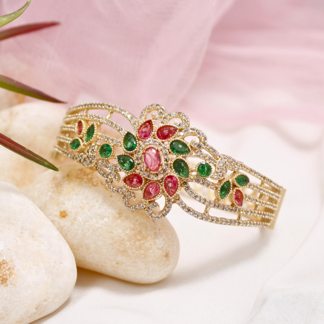 Red & Green Stone Floral AD Openable Kada – Gold Finish Bracelet