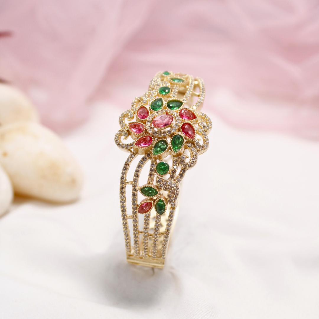 Red & Green Stone Floral AD Openable Kada – Gold Finish Bracelet