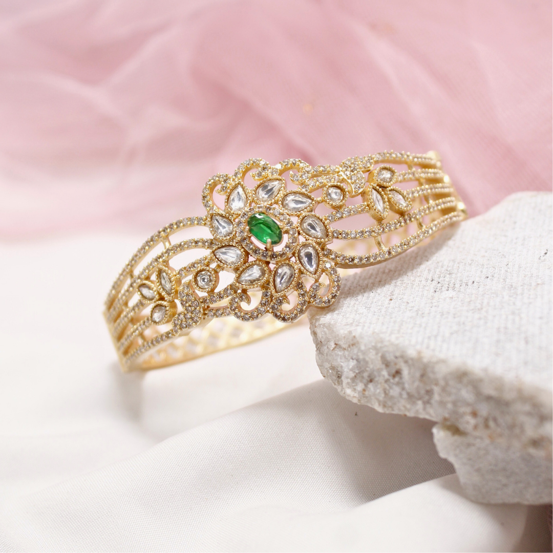 Green Stone Floral AD Openable Kada – Gold Finish Bracelet