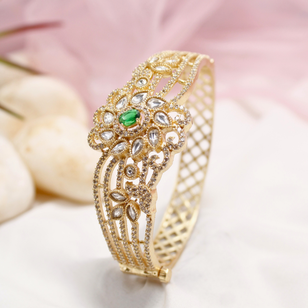 Green Stone Floral AD Openable Kada – Gold Finish Bracelet