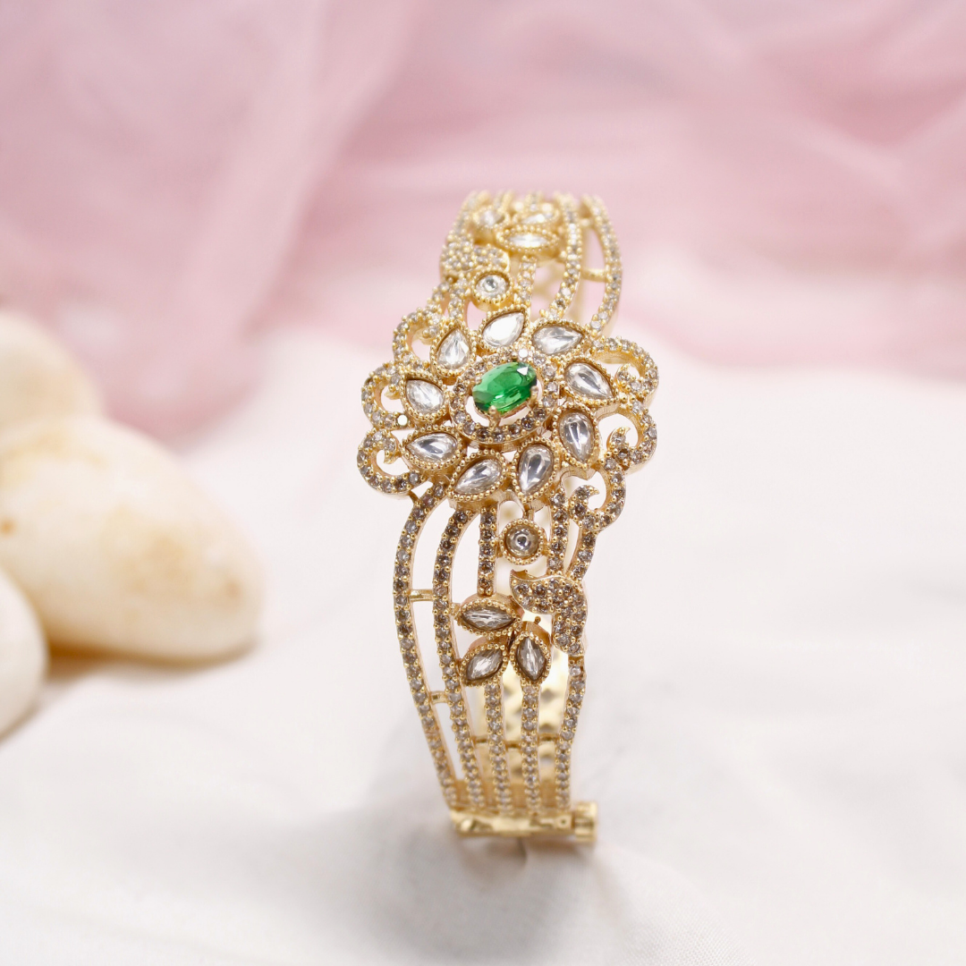 Green Stone Floral AD Openable Kada – Gold Finish Bracelet
