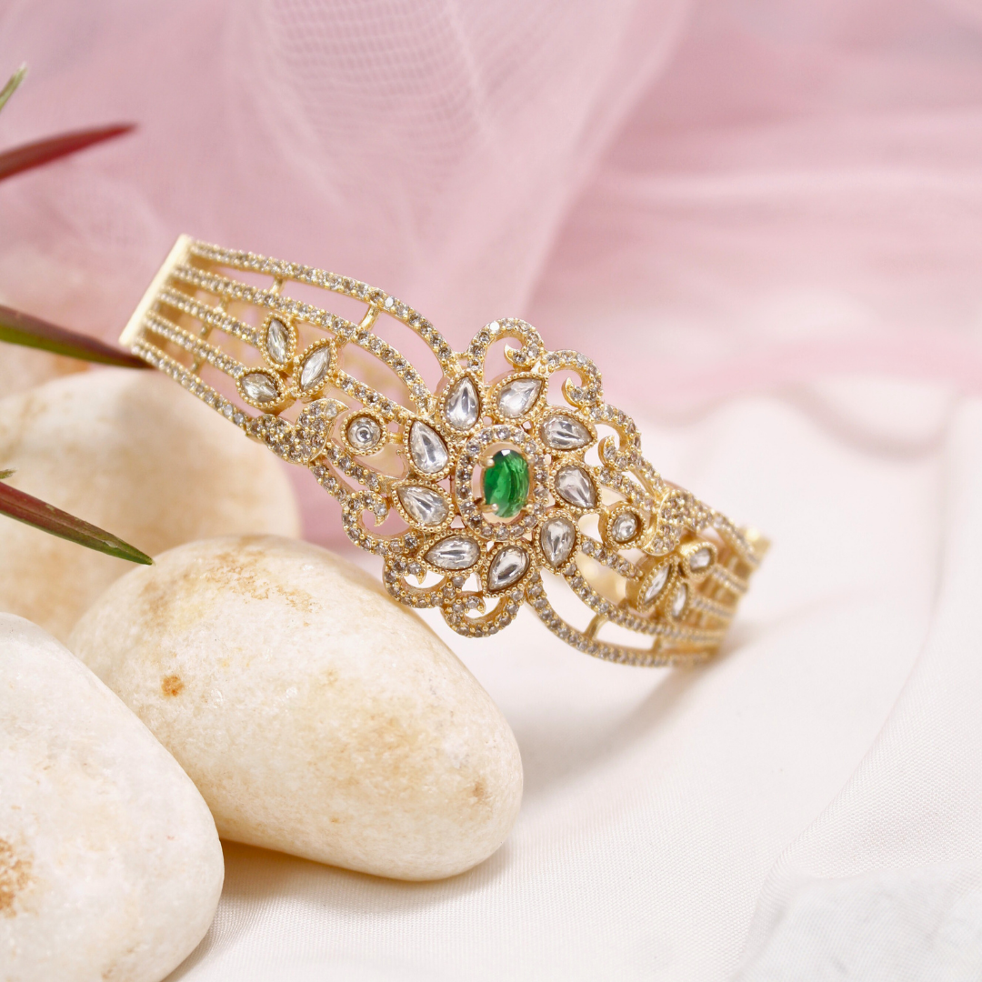 Green Stone Floral AD Openable Kada – Gold Finish Bracelet
