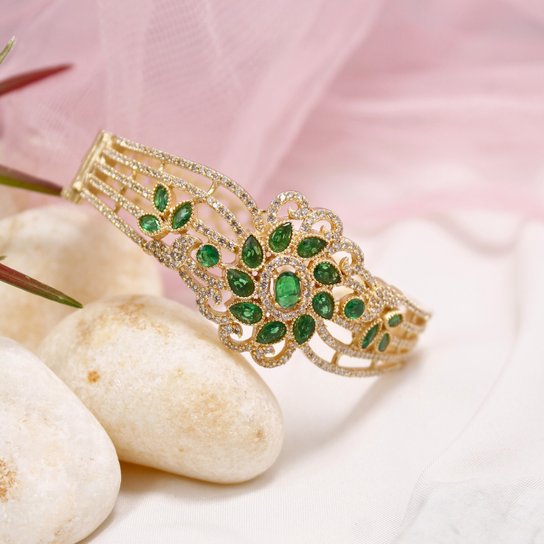 Green Stone Floral AD Openable Kada – Gold Finish Emerald Look Bracelet