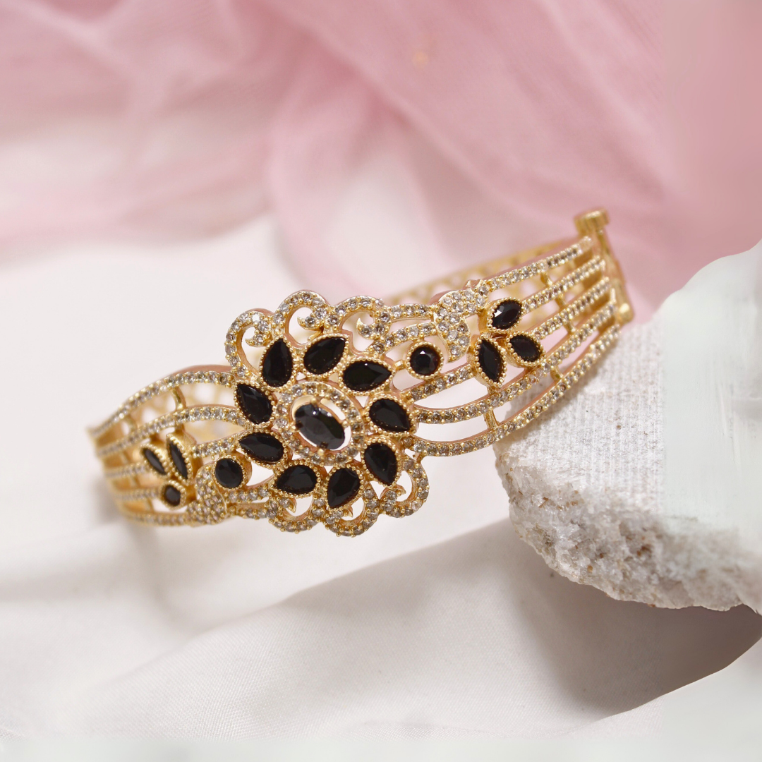 Black Stone Floral AD Openable Kada – Gold Finish Designer Bracelet