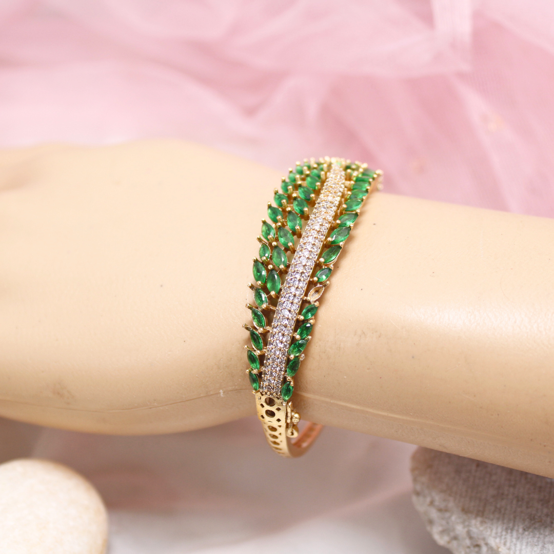 Emerald Green Leaf Design AD Openable Kada – Gold Finish Bracelet