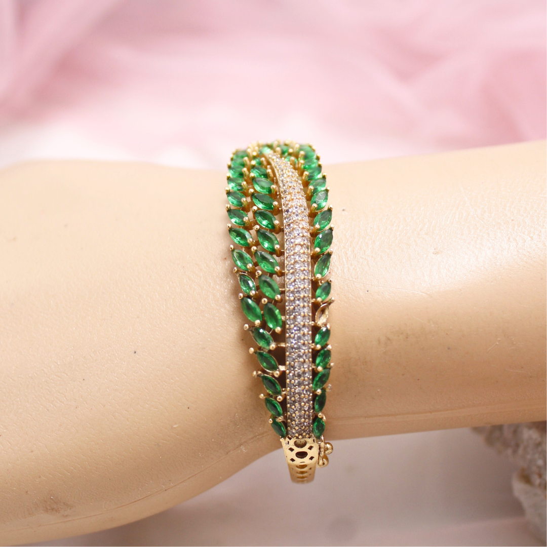 Emerald Green Leaf Design AD Openable Kada – Gold Finish Bracelet