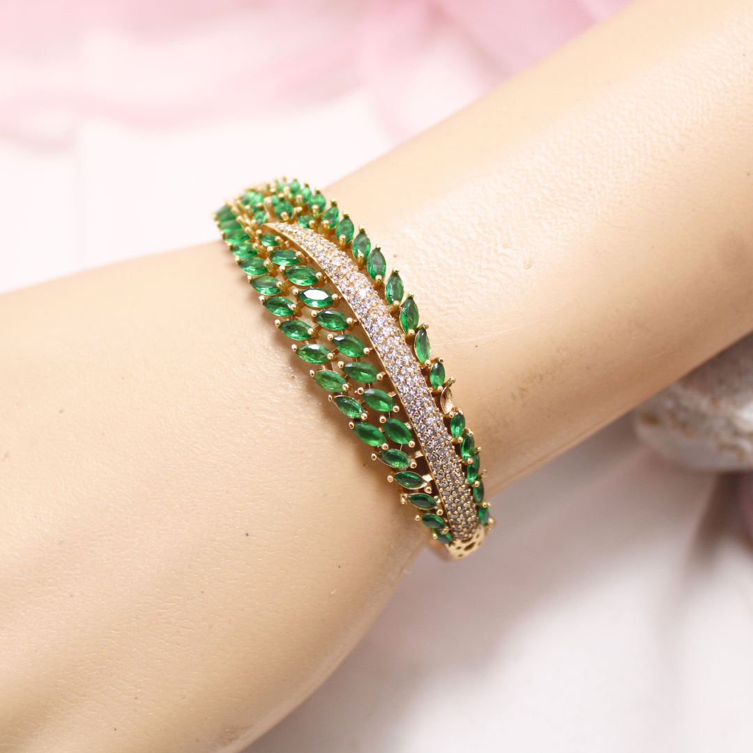 Emerald Green Leaf Design AD Openable Kada – Gold Finish Bracelet